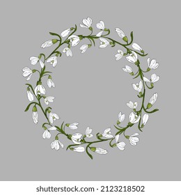 marco redondo, corona con gotas de nieve. Flores de primavera nevan borde para el diseño, embalaje. invitaciones