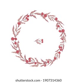 Marco redondo, una corona de ramas con hojas y bayas rosas. Dibujo manual aislado para invitaciones, tarjetas, empaque