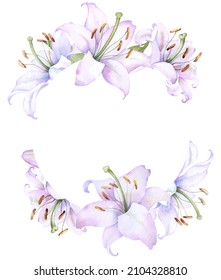 Round frame, wreath with white and pink lily flowers, watercolor illustration