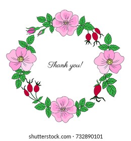 Round frame, wreath wild rose, briar hand drawn dogrose berry vector illustration isolated on white background, decorative rosehip for design cosmetic, natural medicine, herbal tea, organic food menu