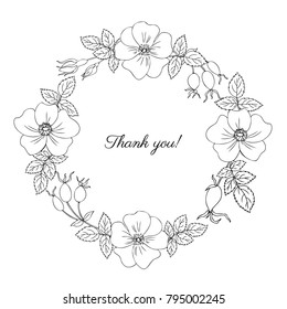 Round frame, wreath wild rose, briar hand drawn dogrose berry vector illustration isolated on white background, line art decorative rosehip for design cosmetic, natural medicine, herbal tea, food menu