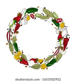 Round frame, wreath,border, card with spices. Colored hot peppers, garlic, cloves, bay leaf, spices, seasonings. Vegetable design for scotch tape, wallpaper, fabric, banners.