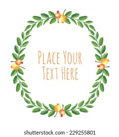 Round frame yellow berries briar green branch garland - watercolor vector template