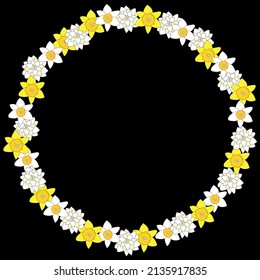 Un marco redondo de flores de daffodil amarillas con fondo negro