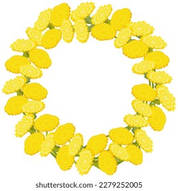 Round frame of yellow dandelion flowers on a white background. Seasonal floral vector illustration with copy space.