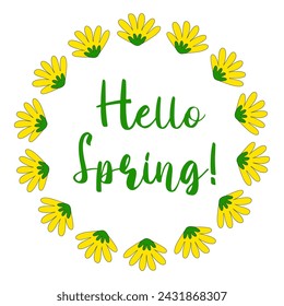 Marco redondo con flores amarillas y frase de Hola primavera, elemento de diseño de primavera, vector