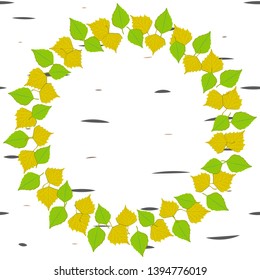 round frame of yellow and green birch leaves on the bark texture background