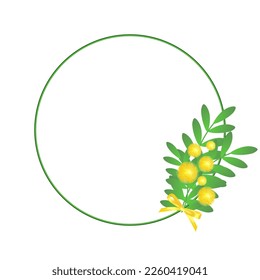 Marco redondo con mimosa amarilla aislada sobre fondo blanco. Plantilla de saludo para tarjetas festivas, afiches, publicación en medios sociales, anuncios de Pascua. Colocar el texto. Ilustración vectorial.