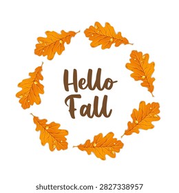 Round frame from yellow oak autumn leaves with scattered dewdrops isolated on white background