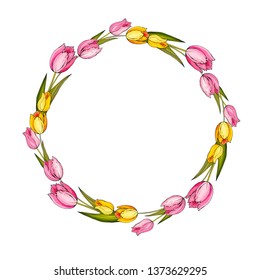 Round frame with yellow and pink tulips.