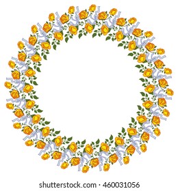 Round frame with yellow roses. Vector clip art.
