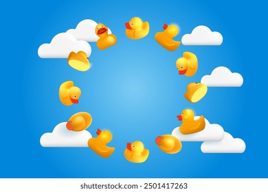 Round frame of yellow rubber ducks in the sky. Vector objects