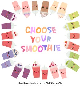 Round frame for your text. Choose your smoothies blueberry kiwi cranberries . card design Takeout smoothie transparent plastic cup with straw and whipped cream. Isolated on white background. Vector