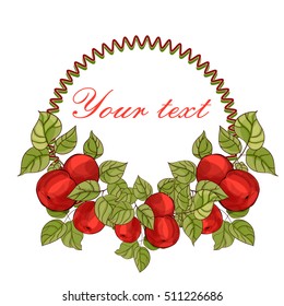 Round frame for your text. Digital watercolor apple tree branch with fruits and leaves. Retro style illustration. 