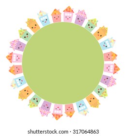 Round frame for your text. Funny happy house set, kawaii face, smile, pink cheeks, big eyes. pastel colors. Vector