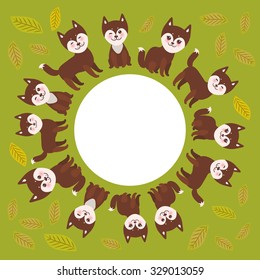 round frame for your text, funny brown husky dog and leaves, Kawaii face with large eyes and pink cheeks, boy and girl on green background. Vector