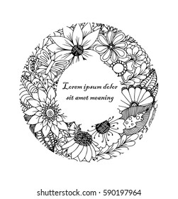 Round frame, zentangle, black and white