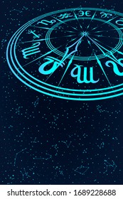 Round Frame with Zodiac Sign. Blue Horoscope Symbol. Panoramic Sky Map of Hemisphere. Colorful Constellations on Starry Night Background. Vector Illustration