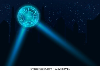 Round Frame with Zodiac Sign. Rays of Spotlights Illuminate Blue Horoscope Symbol. Black Silhouette of City on Starry Night Background. Vector. 3D Illustration