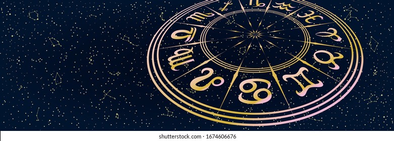 Round Frame with Zodiac Signs. Horoscope Symbol. Panoramic Sky Map of Hemisphere. Colorful Constellations on Starry Night Background. Vector Illustration