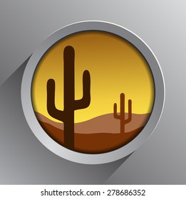 Round Framed Desert Environment with a Cactus Silhouette, Vector Illustration. 