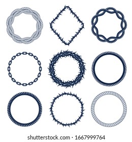 Round frames from chain thorn and rope, vector design elements set, circle shape borders.