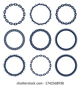 Round frames from chain thorn and rope, vector design elements set, circle shape borders.