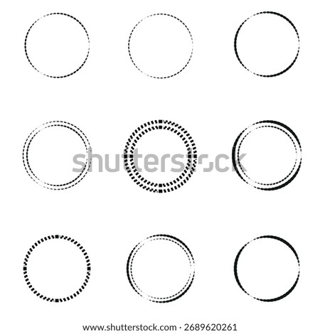 Round frames,  circle ornaments. Wavy, dashed, dotted black circle lines. Set of round vector frames from the dotted line. Round frames for logo. Vector illustration.