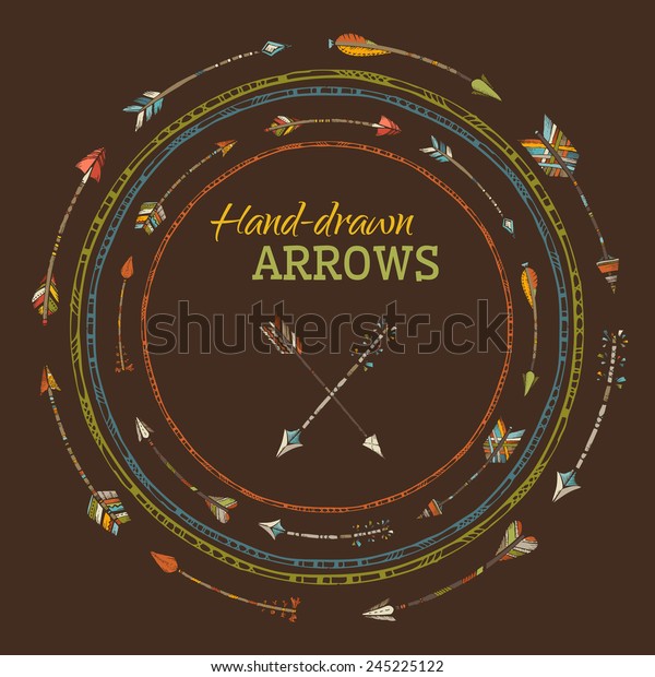 Round frames\
of ethnic arrows on brown background. Hand-drawn arrows. There is\
place for your text in the\
center.