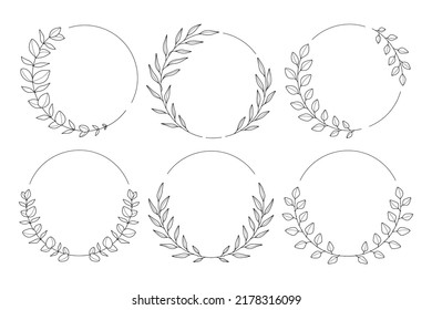 Round frames with eucalyptus branches. Hand drawn vector eucalyptus wreaths for invitations, posters, greeting cards, logos, web, frame art. Line art floral design element.