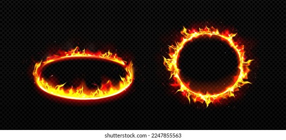 Round frames with fire. Burning rings with flame, glow effect and sparkles. Yellow orange fiery platforms in perspective, front view isolated on transparent background, vector realistic set