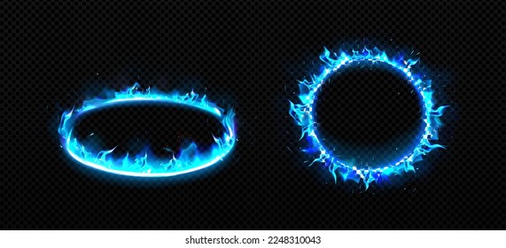 Arcos redondos con fuego. Anillos ardientes con llama, efecto de resplandor y destellos. Plataformas de fuego azul en perspectiva, vista frontal aislada en fondo transparente, conjunto de vector realista