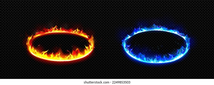 Round frames with fire. Burning rings with flame, glow effect and sparkles. Yellow and blue fiery platforms in perspective view isolated on transparent background, vector realistic set