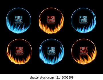 Round frames of gas and fire flames, realistic vector circles of blue and hot red burning blaze. 3d border lines of fire flashes, inferno lights, magic flare rings and fireballs on black background