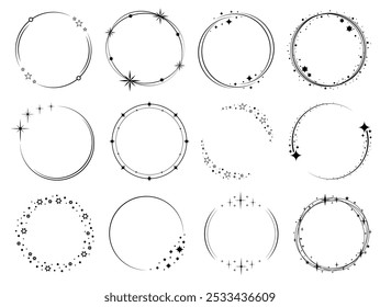 Round frames with glow effect. Stardust sparks silhouettes. Shiny stars circles. Invitations and postcards decorative elements. Magic sparkles. Shimmer twinkles. Vector