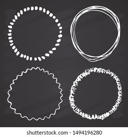 Round Frames, grunge textured hand drawn elements set, vector illustration on chalkboard background.