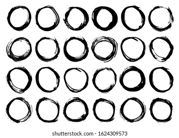 Round Frames, grunge textured hand drawn elements set, vector illustration.