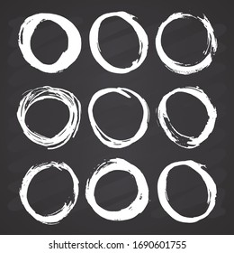 Round Frames, grunge textured hand drawn elements set, vector illustration on chalkboard background.