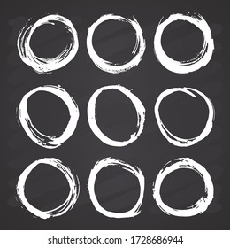 Round Frames, grunge textured hand drawn elements set, vector illustration on chalkboard background.