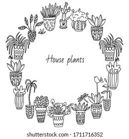 Round frames with houseplants in pots decorated with ornaments on white background. Decorative butterflies, dragonflies and birds. Doodle style illustration in black ink.