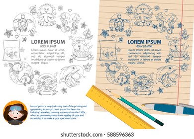Round frames with the image of the inhabitants of the deep sea. Creative template with place for text with a picture of the sea and life in it.