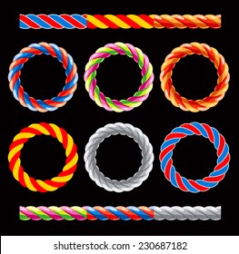 Round frames made of colored twisted cords and six elements for creating similar frames and borders. Vector illustration on the black background