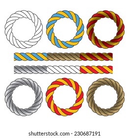 Round frames made of colored twisted cords and six elements for creating similar frames and borders. Vector illustration on the white background