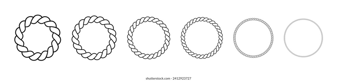 Round frames made of rope. Circle borders made of braided cord. Vector set of thin and thick elements isolated on a white background.