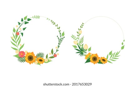 Round Frames Made of Yellow Flowers and Green Leaves Set Vector Illustration