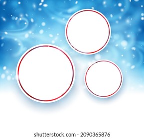 Round frames on winter background with snow. Space for text. Vector illustration.