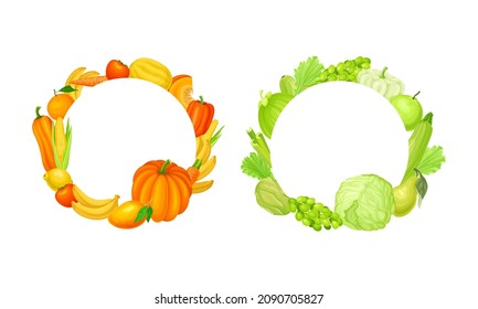 Round frames of orange and green fruit and vegetables with space for text vector illustration