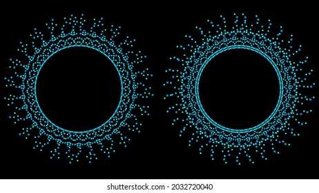 Round frames set, collection. Ring shape, circle made of long drops, droplets, uneven dots, paint splashes, specks, tiny spots, water blobs. 