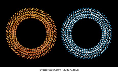 Round frames set, collection. Ring shape, circle made of long drops, droplets, uneven dots, paint splashes, specks, tiny spots, water blobs. Radial templates for borders, backgrounds