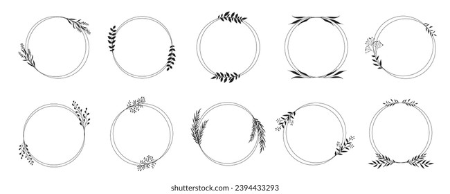 Round frames with silhouettes of branch and leaves for a logo or tattoo. Elegant herbs for wedding design, invitation design, for print, cover or wallpaper.